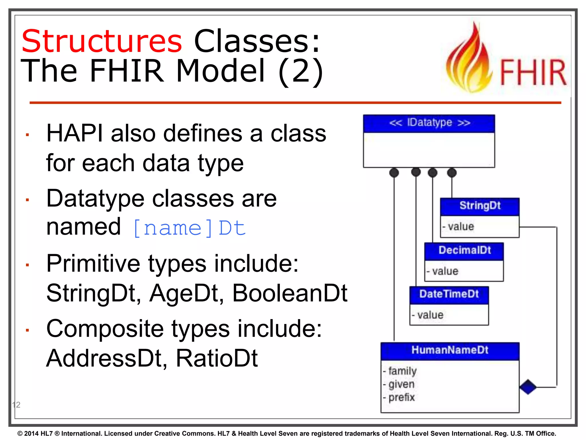 Structures Classes: 
The FHIR Model (2) 
 HAPI also defines a class 
for each data type 
 Datatype classes are 
named [name]Dt 
 Primitive types include: 
StringDt, AgeDt, BooleanDt 
 Composite types include: 
AddressDt, RatioDt 
12 
© 2014 HL7 ® International. Licensed under Creative Commons. HL7 & Health Level Seven are registered trademarks of Health Level Seven International. Reg. U.S. TM Office. 
 