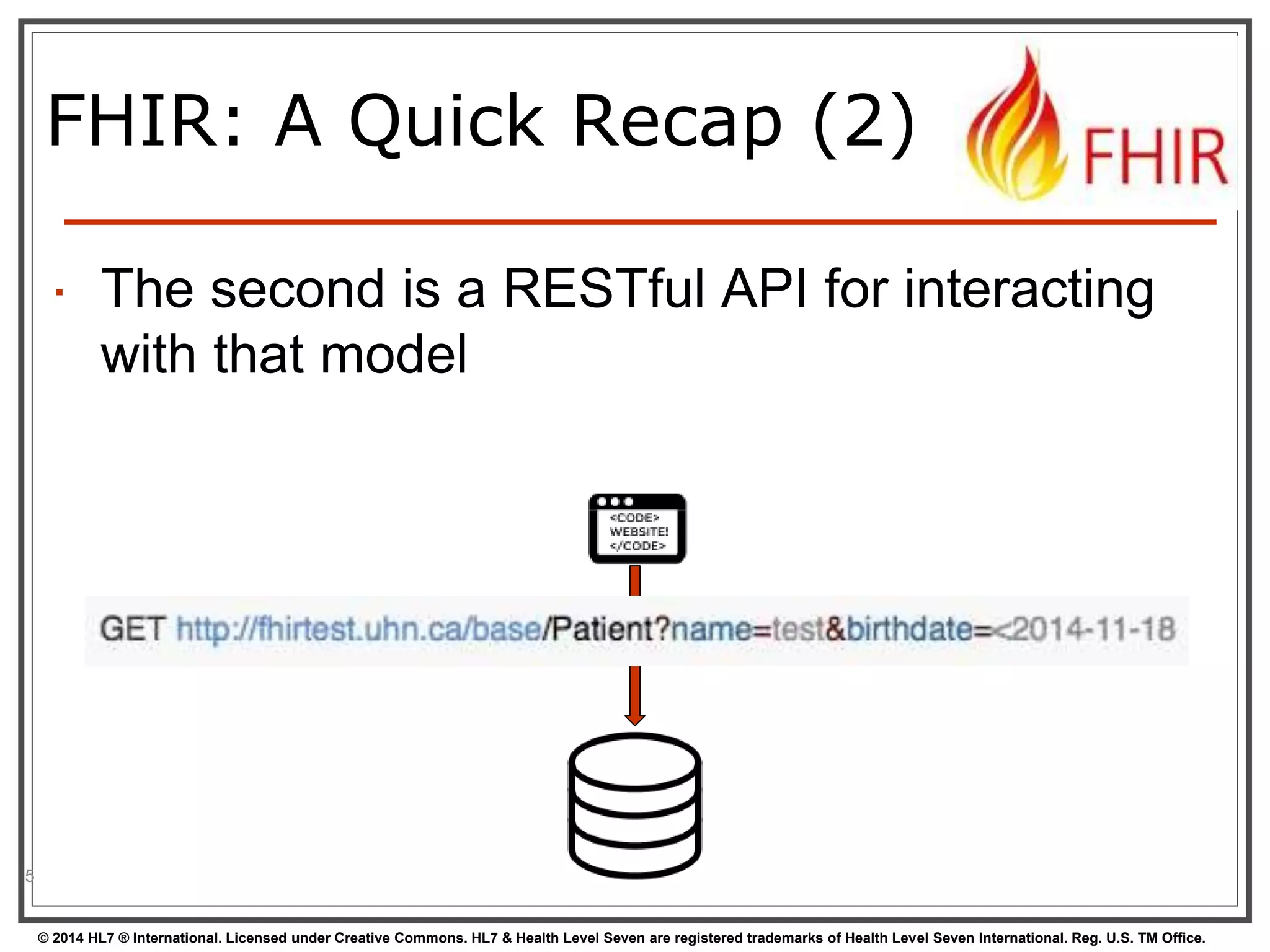  The second is a RESTful API for interacting 
with that model 
© 2014 HL7 ® International. Licensed under Creative Commons. HL7 & Health Level Seven are registered trademarks of Health Level Seven International. Reg. U.S. TM Office. 
5 
FHIR: A Quick Recap (2) 
 