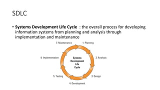 SDLC
• Systems Development Life Cycle : the overall process for developing
information systems from planning and analysis through
implementation and maintenance
 