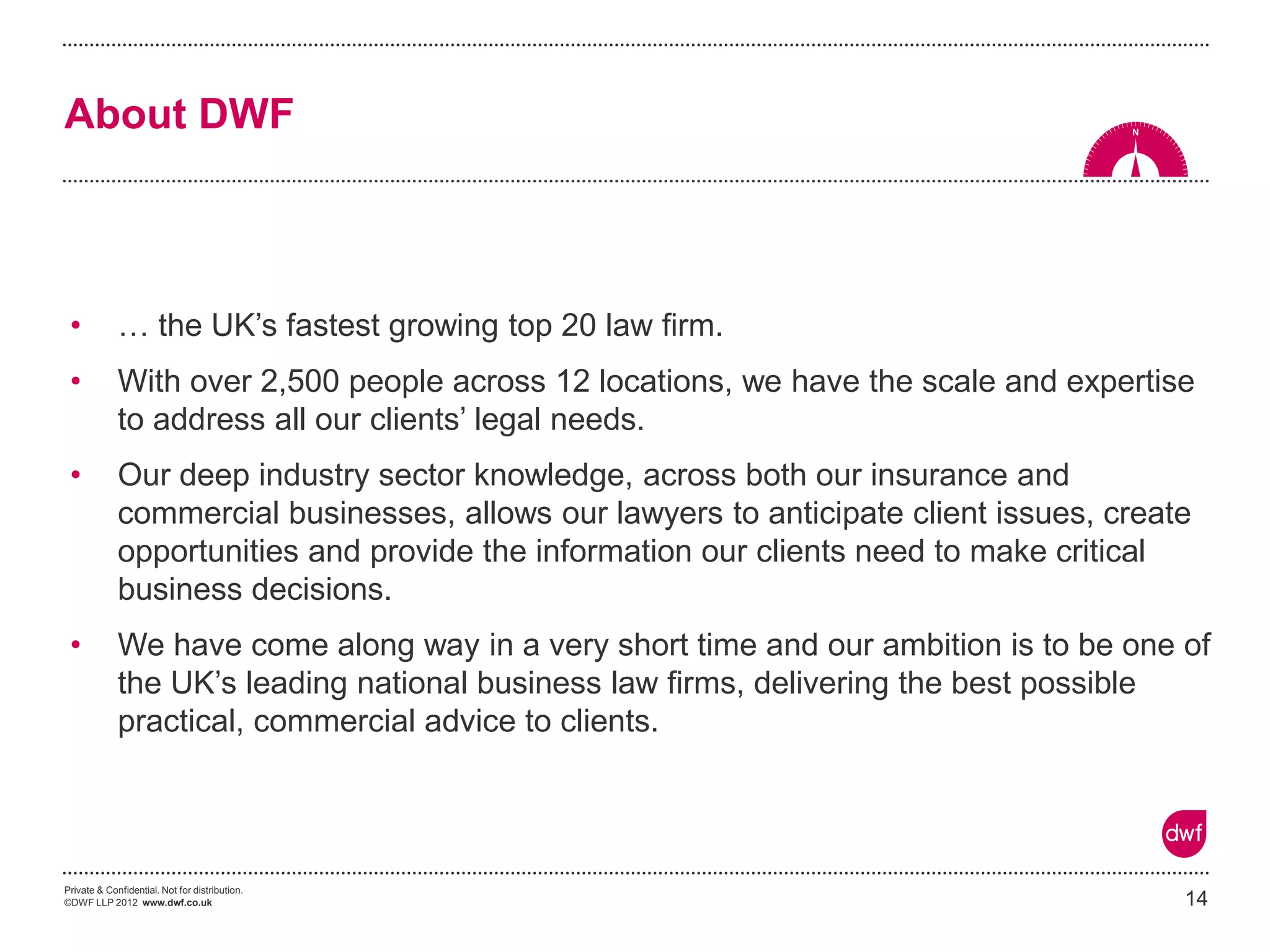 Private & Confidential. Not for distribution. 
©DWF LLP 2012 www.dwf.co.uk 
About DWF 
•… the UK’s fastest growing top 20 law firm. 
•With over 2,500 people across 12 locations, we have the scale and expertise to address all our clients’ legal needs. 
•Our deep industry sector knowledge, across both our insurance and commercial businesses, allows our lawyers to anticipate client issues, create opportunities and provide the information our clients need to make critical business decisions. 
•We have come along way in a very short time and our ambition is to be one of the UK’s leading national business law firms, delivering the best possible practical, commercial advice to clients. 
14  