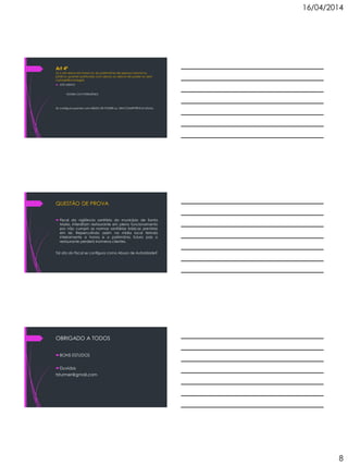 16/04/2014
8
Art 4º
h) o ato lesivo da honra ou do patrimônio de pessoa natural ou
jurídica, quando praticado com abuso ou desvio de poder ou sem
competência legal;
 ATO LESIVO
HONRA OU PATRIMÔNIO
Só configura quando com ABUSO DE PODER ou SEM COMPETÊNCIA LEGAL.
QUESTÃO DE PROVA
 Fiscal da vigilância sanitária do município de Santa
Maria, interditam restaurante em pleno funcionamento
por não cumprir as normas sanitárias básicas previstas
em lei. Repercutindo assim na mídia local ferindo
inteiramente a honra e o patrimônio futuro pois o
restaurante perderá inúmeros clientes.
Tal ato do Fiscal se configura como Abuso de Autoridade?
OBRIGADO A TODOS
BONS ESTUDOS
Duvidas
tsturmer@gmail.com
 