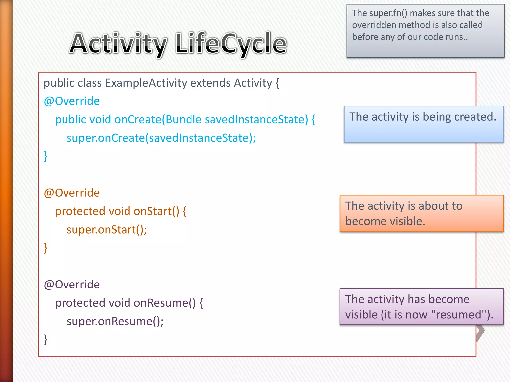 The super.fn() makes sure that the
                                                       overridden method is also called
                                                       before any of our code runs..



public class ExampleActivity extends Activity {
@Override
  public void onCreate(Bundle savedInstanceState) {   The activity is being created.
    super.onCreate(savedInstanceState);
}

@Override
  protected void onStart() {                          The activity is about to
                                                      become visible.
    super.onStart();
}

@Override
  protected void onResume() {                         The activity has become
                                                      visible (it is now "resumed").
    super.onResume();
}
 