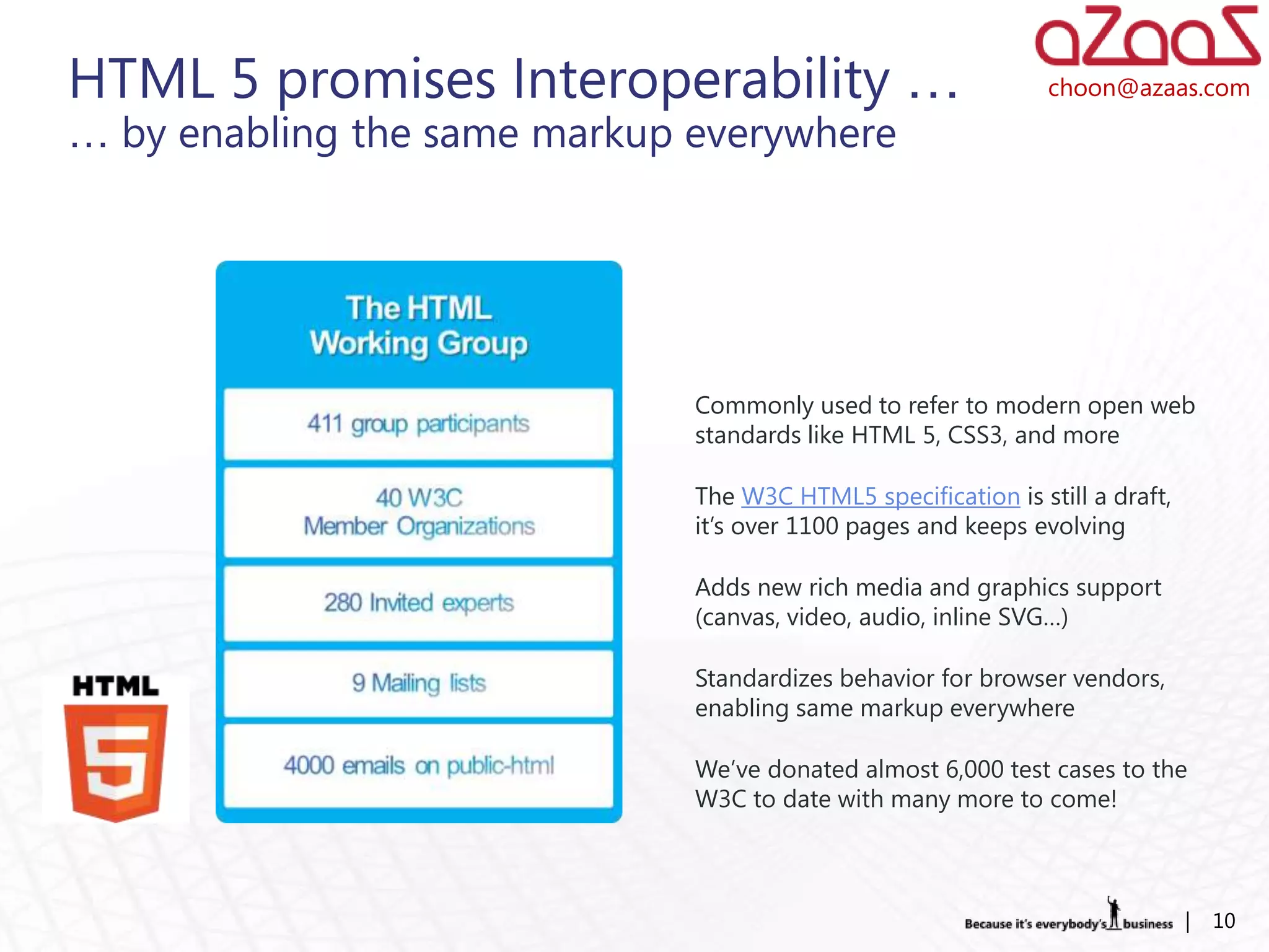 HTML 5 promises Interoperability …                             choon@azaas.com

… by enabling the same markup everywhere




                              Commonly used to refer to modern open web
                              standards like HTML 5, CSS3, and more

                              The W3C HTML5 specification is still a draft,
                              it’s over 1100 pages and keeps evolving

                              Adds new rich media and graphics support
                              (canvas, video, audio, inline SVG…)

                              Standardizes behavior for browser vendors,
                              enabling same markup everywhere

                              We’ve donated almost 6,000 test cases to the
                              W3C to date with many more to come!



                                                                              |   10
 
