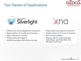 Two Flavors of Applications                                                choon@azaas.com




   XAML/event-driven application framework       High-performance game framework
   Rapid creation of visually stunning apps      Rapid creation of 2-D and 3-D games
   Metro-themed UI controls                      Rich content pipeline
   HTML/JavaScript Support                       Mature, robust, widely adopted
   500,000 developers/Windows and web             technology spanning Xbox 360,
                                                   Windows, and Zune




                                                                                         |   23
 
