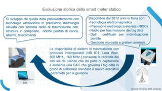 Venerdì 22 marzo 2024, Volandia
Disponibile dal 2012 anni in Italia con:
-Tecnologia elettromagnetica
- Precisione metrologica elevata (R800)
- Radio per trasmissione dei big data
- Dati certificati per individuazione
perdite
- Gestione morosità e prelievi anomali
Si sviluppa da quella data prevalentemente con
tecnologia ultrasonica in precisione metrologia
elevata con sistema radio di trasmissione dati,
struttura in composite, ridotte perdite di carico,
allarmi, telecomandi
La disponibilità di sistemi di trasmissione con
protocolli interoperabili (NB IOT, Lora Wan,
868 MHz., 169 MHz.) consente la raccolta dei
dati sia da utenze che da punti di captazione
e alimenta una SAC che governa i big data in
grado di elaborare standard e macro indicatori
-parametri per la gestione
Evoluzione storica dello smart meter statico
14
 