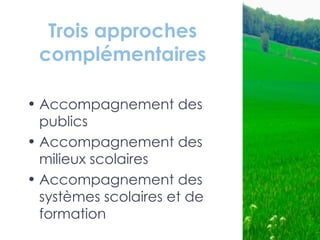 Trois approches
 complémentaires

• Accompagnement des
  publics
• Accompagnement des
  milieux scolaires
• Accompagnement des
  systèmes scolaires et de
  formation
 