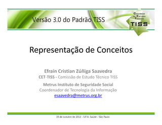 Representação de Conceitos

    Efraín Cristian Zúñiga Saavedra
  CET-TISS - Comissão de Estudo Técnico TISS
    Metrus Instituto de Seguridade Social
  Coordenador de Tecnologia da Informação
         esaavedra@metrus.org.br
 