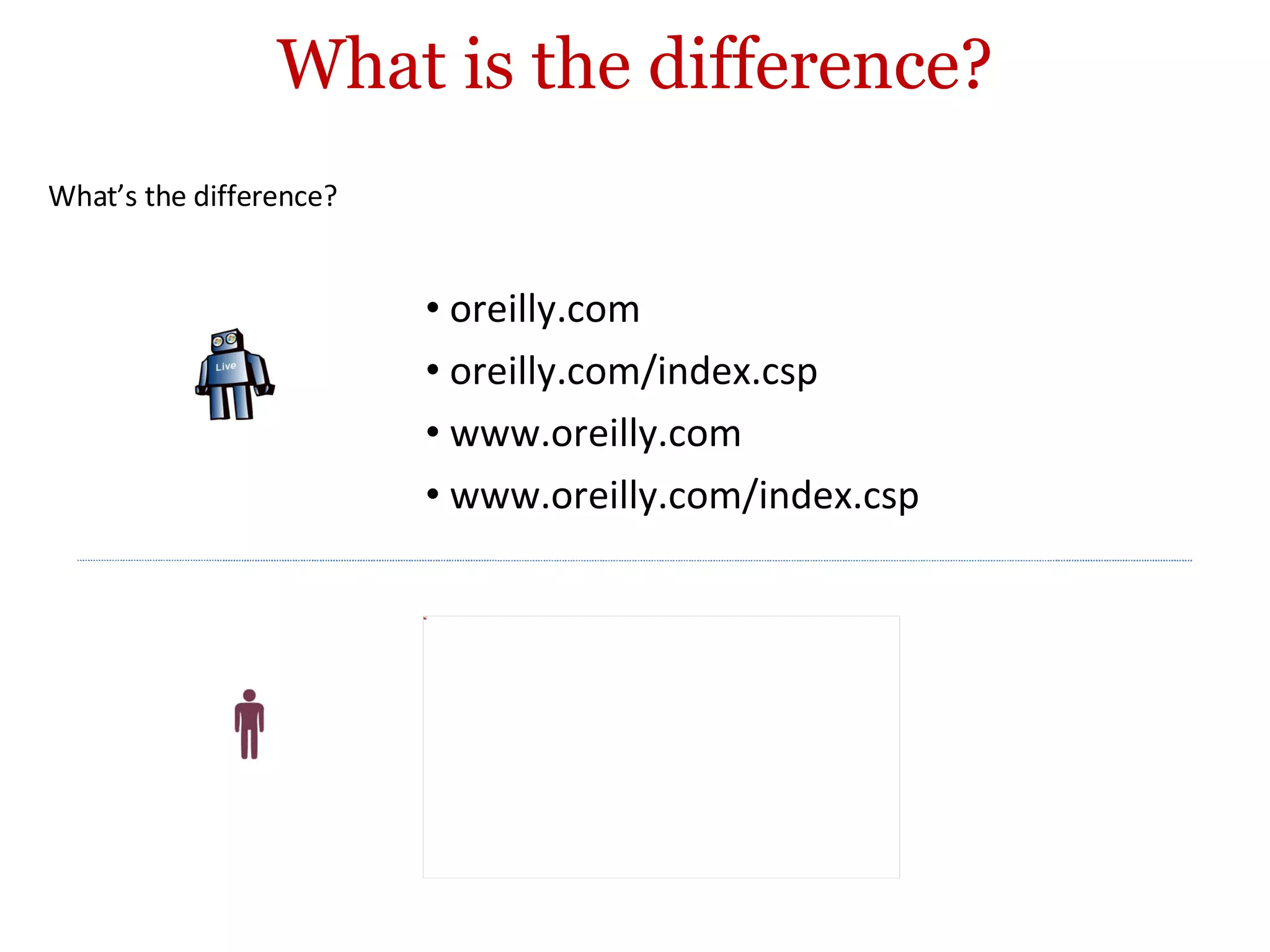 What is the difference? oreilly.com oreilly.com/index.csp www.oreilly.com www.oreilly.com/index.csp What’s the difference? 