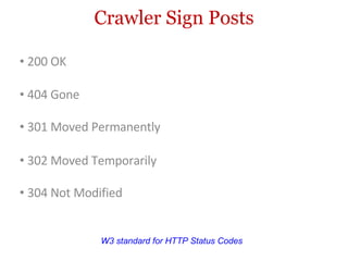 Crawler Sign Posts 200 OK W3 standard for HTTP Status Codes 304 Not Modified 404 Gone 301 Moved Permanently 302 Moved Temporarily 