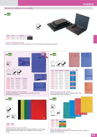 Arquivo
205
Pastas de elásticos em cartão
Pasta de elásticos em cartão
Cartão compacto de 740 grs/m². Acabamento mate.
Qualidade extra. Maior resistência.
CÓD. REF. FORMATO MODELO COR
01393 CG08 QUARTO SIMPLES AZUL 25
01399 CG09 FÓLIO SIMPLES AZUL 25
01403 CG10 FÓLIO SIMPLES COURO 25
10022 CG11 OITAVO BOLSA AZUL 20
01340 CG12 QUARTO BOLSA AZUL 20
01345 CG13 FÓLIO BOLSA AZUL 10
01348 CG50 FÓLIO BOLSA COURO 10
01529 CG14 QUARTO 3 ABAS AZUL 15
01535 CG15 FÓLIO 3 ABAS AZUL 10
01368 CG16 FÓLIO 3 ABAS COURO 10
19249 CG17 DIN A3 3 ABAS AZUL 1
Pasta de elásticos em cartão
Pastas de elásticos fabricadas em cartão plastificado. Com 3 abas.
Formato fólio. Cores sortidas: azul, amarelo, preto, vermelho e
verde.
Pasta de elásticos em cartão
Pastas de elásticos fabricadas em cartão de 425 g/m2
. Fecho de
elásticos. Formato fólio.
CÓD. REF.
37510 CG57
Pasta de elásticos em cartão
Cartão de 540 grs/m². Acabamento acetinado. Cor azul.
Económico e funcional.
CÓD. REF. FORMATO MODELO
15796 CG04 QUARTO SIMPLES
15795 CG03 FÓLIO SIMPLES
15798 CG06 QUARTO BOLSA
15797 CG02 FÓLIO BOLSA
15800 CG07 QUARTO 3 ABAS
15799 CG01 FÓLIO 3 ABAS
Pastas de elásticos Fibrete
Pastas em cartão fibra com abas e elásticos. Cor marmoreado preto. Elevada resistência.
CÓD. REF. MEDIDAS COR
73126 242P193A 350 X 235 X 25 MM PRETO
73127 242P193 320 X 440 X 25 MM PRETO
ABAS
ABASSIMPLES BOLSA
CÓD. REF. COR
23812 CG61 AZUL
23809 CG60 AMARELO
23810 CG62 VERMELHO
23811 CG63 VERDE
ABASSIMPLES BOLSA
ABAS
SIMPLES
 