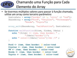 Chamando uma Função para Cada Elemento do Array 
•Se tivermos múltiplos valores para passar à função chamada, utilize um array como terceiro parâmetro: 
$extraData = array('border' => 2, 'color' => "red"); 
$baseArray = array("Ford", "Chrysler", "Volkswagen", 
"Honda", "Toyota"); 
array_walk($baseArray, "walkFunction", $extraData); 
function walkFunction($item, $index, $data) { 
echo "{$item} <- item, then border: " . 
"{$data['border']}"; 
echo " color->{$data['color']}<br />" ; 
} 
Ford <- item, then border: 2 color->red 
Crysler <- item, then border: 2 color->red 
VW <- item, then border: 2 color->red 
Honda <- item, then border: 2 color->red 
Toyota <- item, then border: 2 color->red  