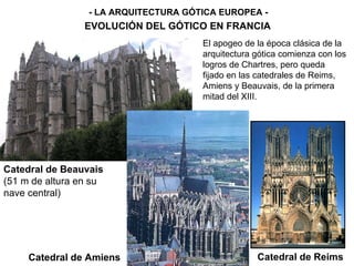 Catedral de Reims - LA ARQUITECTURA GÓTICA EUROPEA - EVOLUCIÓN DEL GÓTICO EN FRANCIA El apogeo de la época clásica de la arquitectura gótica comienza con los logros de Chartres, pero queda fijado en las catedrales de Reims, Amiens y Beauvais, de la primera mitad del XIII. Catedral de Amiens Catedral de Beauvais (51 m de altura en su nave central) 