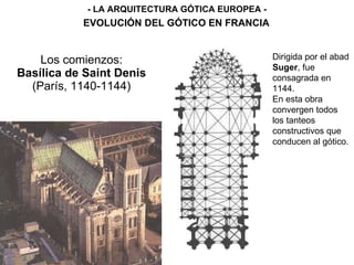 Los comienzos: Basílica de Saint Denis (París, 1140-1144) - LA ARQUITECTURA GÓTICA EUROPEA - EVOLUCIÓN DEL GÓTICO EN FRANCIA Dirigida por el abad  Suger , fue consagrada en 1144. En esta obra convergen todos los tanteos constructivos que conducen al gótico. 