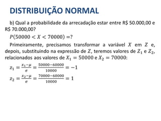 DISTRIBUIÇÃO NORMAL
b) Qual a probabilidade da arrecadação estar entre R$ 50.000,00 e
R$ 70.000,00?
𝑃 50000 < 𝑋 < 70000 =?
Primeiramente, precisamos transformar a variável 𝑋 em 𝑍 e,
depois, substituindo na expressão de 𝑍, teremos valores de 𝑍1 e 𝑍2,
relacionados aos valores de 𝑋1 = 50000 e 𝑋2 = 70000:
𝑧1 =
𝑥1−𝜇
𝜎
=
50000−60000
10000
= −1
𝑧2 =
𝑥2−𝜇
𝜎
=
70000−60000
10000
= 1
 