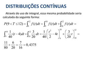 DISTRIBUIÇÕES CONTÍNUAS
Através do uso de integral, essa mesma probabilidade seria
calculada da seguinte forma:
12 10 12
9 9 10
10 122
10 12
9 10
109
(9 12) ( ) ( ) ( )
1 3 1 3
( 4) 4
40 20 40 2 20
11 6 7
0,4375
80 20 16
P T f t dt f t dt f t dt
t
t dt dt t t
     
   
        
  
  
  
 
 