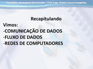 Recapitulando
Vimos:
-COMUNICAÇÃO DE DADOS
-FLUXO DE DADOS
-REDES DE COMPUTADORES
 