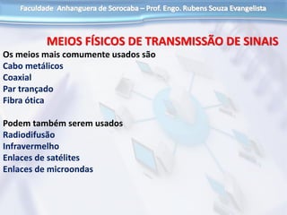 MEIOS FÍSICOS DE TRANSMISSÃO DE SINAIS
Os meios mais comumente usados são
Cabo metálicos
Coaxial
Par trançado
Fibra ótica
Podem também serem usados
Radiodifusão
Infravermelho
Enlaces de satélites
Enlaces de microondas
 