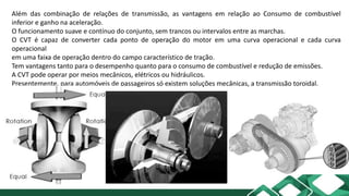 Além das combinação de relações de transmissão, as vantagens em relação ao Consumo de combustível
inferior e ganho na aceleração.
O funcionamento suave e contínuo do conjunto, sem trancos ou intervalos entre as marchas.
O CVT é capaz de converter cada ponto de operação do motor em uma curva operacional e cada curva
operacional
em uma faixa de operação dentro do campo característico de tração.
Tem vantagens tanto para o desempenho quanto para o consumo de combustível e redução de emissões.
A CVT pode operar por meios mecânicos, elétricos ou hidráulicos.
Presentemente, para automóveis de passageiros só existem soluções mecânicas, a transmissão toroidal.
 