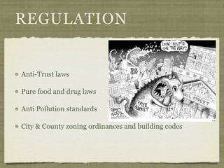 REGULATION


Anti-Trust laws

Pure food and drug laws

Anti Pollution standards

City & County zoning ordinances and building codes
 