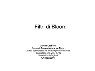 Filtri di Bloom


               Davide Carboni
      Corso di Computazione su Rete
Laurea specialistica in Tecnologie Informatiche
         Facoltà Scienze MM.FF.NN
            Università di Cagliari
                AA 2007/2008
 