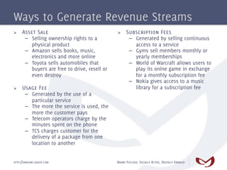 Ways to Generate Revenue Streams
Ø    Asset Sale                                Ø    Subscription Fees
       –  Selling ownership rights to a                 –  Generated by selling continuous
          physical product                                 access to a service
       –  Amazon sells books, music,                    –  Gyms sell members monthly or
          electronics and more online                      yearly memberships
       –  Toyota sells automobiles that                 –  World of Warcraft allows users to
          buyers are free to drive, resell or              play its onlne game in exchange
          even destroy                                     for a monthly subscription fee
                                                        –  Nokia gives access to a music
Ø    Usage Fee                                            library for a subscription fee
       –  Generated by the use of a
          particular service
       –  The more the service is used, the
          more the customer pays
       –  Telecom operators charge by the
          minutes spent on the phone
       –  TCS charges customer for the
          delivery of a package from one
          location to another


HTTP://EMAGINE-GROUP.COM                        BRAND FOCUSED, SOCIALLY ACTIVE, DIGITALLY ENABLED
 