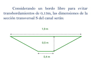 Considerando un bordo libre para evitar
transbordamientos de 0,13m, las dimensiones de la
sección transversal S del canal serán:
0,5 m
0,4 m
1,9 m
 