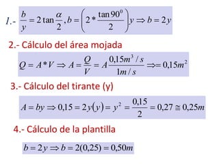 ybyb
y
b
2
2
90tan
*2,
2
tan2
0








1.-
2
3
15,0
/1
/15,0
* m
sm
sm
A
V
Q
AVAQ 
2.- Cálculo del área mojada
3.- Cálculo del tirante (y)
  myyybyA 25,027,0
2
15,0
215,0 2

4.- Cálculo de la plantilla
mbyb 50,0)25,0(22 
 