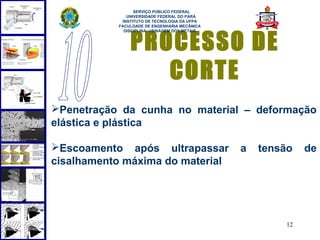  
                 SERVIÇO PÚBLICO FEDERAL
              UNIVERSIDADE FEDERAL DO PARÁ
            INSTITUTO DE TECNOLOGIA DA UFPA
           FACULDADE DE ENGENHARIA MECÂNICA




               PROCESSO DE
             DISCIPLINA: USINAGEM DOS METAIS




                  CORTE
Penetração da cunha no material – deformação
elástica e plástica

Escoamento após ultrapassar                   a   tensão   de
cisalhamento máxima do material




                                                       12
 
