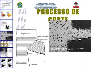  
      SERVIÇO PÚBLICO FEDERAL
   UNIVERSIDADE FEDERAL DO PARÁ
 INSTITUTO DE TECNOLOGIA DA UFPA
FACULDADE DE ENGENHARIA MECÂNICA




    PROCESSO DE
  DISCIPLINA: USINAGEM DOS METAIS




       CORTE




                                    13
 