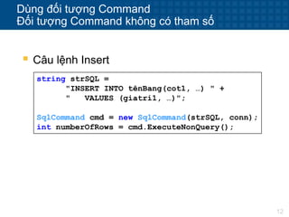 12
Dùng đối tượng Command
Đối tượng Command không có tham số
string strSQL =
"INSERT INTO tênBang(cot1, …) " +
" VALUES (giatri1, …)";
SqlCommand cmd = new SqlCommand(strSQL, conn);
int numberOfRows = cmd.ExecuteNonQuery();
 Câu lệnh Insert
 