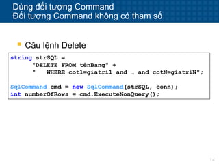 14
Dùng đối tượng Command
Đối tượng Command không có tham số
string strSQL =
"DELETE FROM tênBang" +
" WHERE cot1=giatri1 and … and cotN=giatriN";
SqlCommand cmd = new SqlCommand(strSQL, conn);
int numberOfRows = cmd.ExecuteNonQuery();
 Câu lệnh Delete
 
