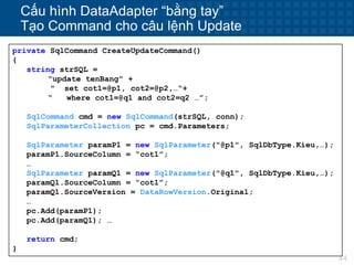 44
Cấu hình DataAdapter “bằng tay”
Tạo Command cho câu lệnh Update
private SqlCommand CreateUpdateCommand()
{
string strSQL =
“update tenBang" +
" set cot1=@p1, cot2=@p2,…“+
“ where cot1=@q1 and cot2=q2 …”;
SqlCommand cmd = new SqlCommand(strSQL, conn);
SqlParameterCollection pc = cmd.Parameters;
SqlParameter paramP1 = new SqlParameter("@p1", SqlDbType.Kieu,…);
paramP1.SourceColumn = “cot1”;
…
SqlParameter paramQ1 = new SqlParameter("@q1", SqlDbType.Kieu,…);
paramQ1.SourceColumn = “cot1”;
paramQ1.SourceVersion = DataRowVersion.Original;
…
pc.Add(paramP1);
pc.Add(paramQ1); …
return cmd;
}
 