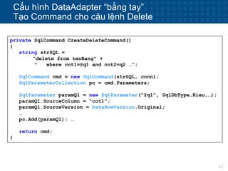 45
Cấu hình DataAdapter “bằng tay”
Tạo Command cho câu lệnh Delete
private SqlCommand CreateDeleteCommand()
{
string strSQL =
“delete from tenBang" +
" where cot1=@q1 and cot2=q2 …”;
SqlCommand cmd = new SqlCommand(strSQL, conn);
SqlParameterCollection pc = cmd.Parameters;
SqlParameter paramQ1 = new SqlParameter("@q1", SqlDbType.Kieu,…);
paramQ1.SourceColumn = “cot1”;
paramQ1.SourceVersion = DataRowVersion.Original;
…
pc.Add(paramQ1); …
return cmd;
}
 