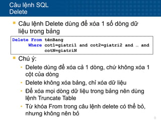 9
Câu lệnh SQL
Delete
 Câu lệnh Delete dùng để xóa 1 số dòng dữ
liệu trong bảng
Delete From tênBang
Where cot1=giatri1 and cot2=giatri2 and … and
cotN=giatriN
 Chú ý:
• Delete dùng để xóa cả 1 dòng, chứ không xóa 1
cột của dòng
• Delete không xóa bảng, chỉ xóa dữ liệu
• Để xóa mọi dòng dữ liệu trong bảng nên dùng
lệnh Truncate Table
• Từ khóa From trong câu lệnh delete có thể bỏ,
nhưng không nên bỏ
 