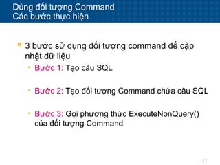 11
Dùng đối tượng Command
Các bước thực hiện
 3 bước sử dụng đối tượng command để cập
nhật dữ liệu
• Bước 1: Tạo câu SQL
• Bước 2: Tạo đối tượng Command chứa câu SQL
• Bước 3: Gọi phương thức ExecuteNonQuery()
của đối tượng Command
 