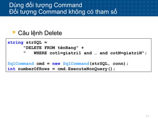 14
Dùng đối tượng Command
Đối tượng Command không có tham số
string strSQL =
"DELETE FROM tênBang" +
" WHERE cot1=giatri1 and … and cotN=giatriN";
SqlCommand cmd = new SqlCommand(strSQL, conn);
int numberOfRows = cmd.ExecuteNonQuery();
 Câu lệnh Delete
 