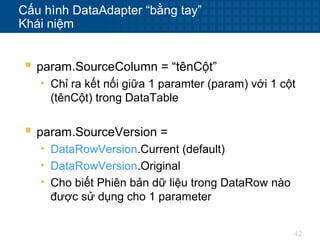 42
Cấu hình DataAdapter “bằng tay”
Khái niệm
 param.SourceColumn = “tênCột”
• Chỉ ra kết nối giữa 1 paramter (param) với 1 cột
(tênCột) trong DataTable
 param.SourceVersion =
• DataRowVersion.Current (default)
• DataRowVersion.Original
• Cho biết Phiên bản dữ liệu trong DataRow nào
được sử dụng cho 1 parameter
 