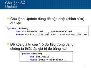 8
Câu lệnh SQL
Update
 Câu lệnh Update dùng để cập nhật (chỉnh sửa)
dữ liệu
Update tênBang
Set cot1=newValue1, …, cotN=newValueN
Where cot1 = oldValue1 and … and cotN=oldValueN
 Để xóa giá trị của 1 ô dữ liệu trong bảng,
chúng ta thiết lập giá trị đó bằng null
Update tênBang
Set cot1=null, …
Where cotA = oldValueA …
 
