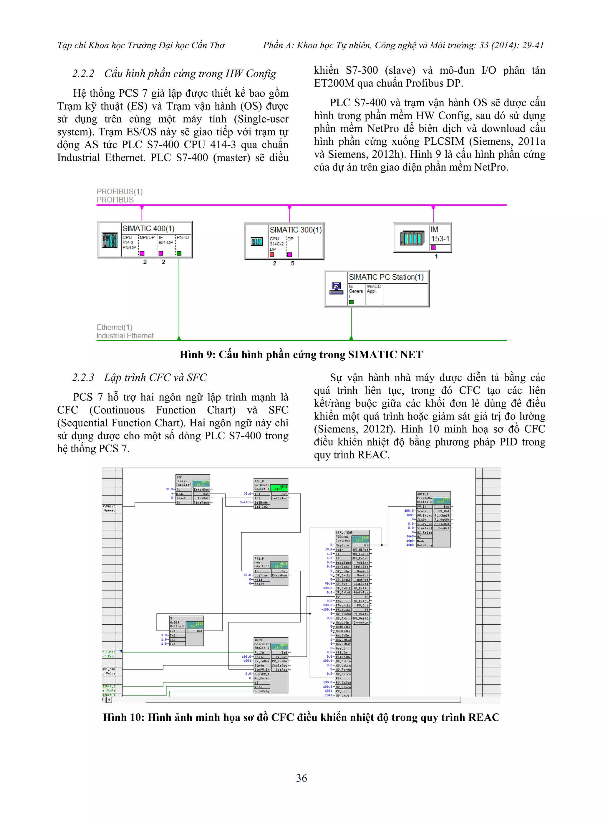 Tạp chí Khoa học Trường Đại học Cần Thơ Phần A: Khoa học Tự nhiên, Công nghệ và Môi trường: 33 (2014): 29-41
36
2.2.2 Cấu hình phần cứng trong HW Config
Hệ thống PCS 7 giả lập được thiết kế bao gồm
Trạm kỹ thuật (ES) và Trạm vận hành (OS) được
sử dụng trên cùng một máy tính (Single-user
system). Trạm ES/OS này sẽ giao tiếp với trạm tự
động AS tức PLC S7-400 CPU 414-3 qua chuẩn
Industrial Ethernet. PLC S7-400 (master) sẽ điều
khiển S7-300 (slave) và mô-đun I/O phân tán
ET200M qua chuẩn Profibus DP.
PLC S7-400 và trạm vận hành OS sẽ được cấu
hình trong phần mềm HW Config, sau đó sử dụng
phần mềm NetPro để biên dịch và download cấu
hình phần cứng xuống PLCSIM (Siemens, 2011a
và Siemens, 2012h). Hình 9 là cấu hình phần cứng
của dự án trên giao diện phần mềm NetPro.
Hình 9: Cấu hình phần cứng trong SIMATIC NET
2.2.3 Lập trình CFC và SFC
PCS 7 hỗ trợ hai ngôn ngữ lập trình mạnh là
CFC (Continuous Function Chart) và SFC
(Sequential Function Chart). Hai ngôn ngữ này chỉ
sử dụng được cho một số dòng PLC S7-400 trong
hệ thống PCS 7.
Sự vận hành nhà máy được diễn tả bằng các
quá trình liên tục, trong đó CFC tạo các liên
kết/ràng buộc giữa các khối đơn lẻ dùng để điều
khiển một quá trình hoặc giám sát giá trị đo lường
(Siemens, 2012f). Hình 10 minh hoạ sơ đồ CFC
điều khiển nhiệt độ bằng phương pháp PID trong
quy trình REAC.
Hình 10: Hình ảnh minh họa sơ đồ CFC điều khiển nhiệt độ trong quy trình REAC
 