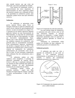 4-10
uma camada marrom, que age como um
absorvedor, para maior quantidade de umidade.
Essa mistura de combinação, acelera o
desenvolvimento dos micro organismos. O
desenvolvimento de micro organismos poderá
não interferir somente com a indicação do fluxo
e de quantidade de combustível; porém, mais
importante, poderá iniciar uma ação eletrolítica
corrosiva.
Sedimentos
Os sedimentos se apresentam como
poeira, material fibroso, grãos, flocos ou
ferrugem. Partículas ou grãos de sedimento para
serem visíveis, indicam ter aproximadamente 40
microns ou mais em tamanho (ver a figura 4-5).
A presença de um número apreciável daquelas
partículas indicam um mau funcionamento do
filtro/separador, ou uma fonte de contaminação
ao longo da linha do filtro/separador, ou ainda
um reservatório inadequadamente limpo.
Mesmo com o mais eficiente filtro/separador e
um cuidadoso manuseio do combustível, uma
partícula pode ser ocasionalmente encontrada.
Esses procedimentos dispersos, normalmente
são devidos a migração através do filtro, e não
apresentam um problema para o motor ou para o
controle do combustível. Os sedimentos,
ordinariamente são encontrados como um pó
fino ou lama. Os dois principais componentes
desse sedimento fino são, normalmente, areia e
ferrugem.
Os sedimentos podem ser tanto
orgânicos como inorgânicos. A presença de
apreciável quantidade de material fibroso
(visível a olho nu), é usualmente indicação de
um elemento de filtro quebrado pela ruptura do
próprio elemento ou pela desintegração
mecânica de um componente do sistema.
Usualmente, grande volume de
partículas metálicas, sugere uma falha
mecânica em algum lugar do sistema, a qual não
se limita necessariamente à falha do filtro
metálico.
Figura 4-5 Comparação da razão das partículas.
Em uma amostra limpa de combustível,
os sedimentos não serão visíveis a não ser sob
uma meticulosa inspeção. A presença
persistente de sedimentos, é sempre suspeita,
requerendo apropriados testes de supervisão e
medidas corretivas aplicadas ao sistema de
combustível.
Sedimentos ou contaminação sólida
podem ser divididos em duas categorias: (1)
sedimento grosseiro e (2) sedimento fino.
Sedimento grosseiro
O sedimento que pode ser visto e
separado do combustível, ou que pode ser
filtrado, é um sedimento grosseiro.
Ordinariamente, as partículas de 10 microns de
tamanho, e maiores, são consideradas
sedimentos grosseiros (ver a figura 4-6).
Figura 4-6 Comparação das pequenas partículas
com o cabelo humano.
 