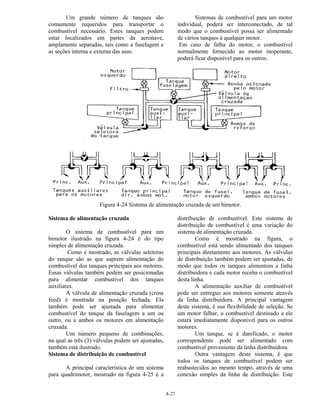 4-27
Um grande número de tanques são
comumente requeridos para transportar o
combustível necessário. Estes tanques podem
estar localizados em partes da aeronave,
amplamente separadas, tais como a fuselagem e
as seções interna e externa das asas.
Sistemas de combustível para um motor
individual, poderá ser interconectado, de tal
modo que o combustível possa ser alimentado
de vários tanques à qualquer motor.
Em caso de falha do motor, o combustível
normalmente fornecido ao motor inoperante,
poderá ficar disponível para os outros.
Figura 4-24 Sistema de alimentação cruzada de um bimotor.
Sistema de alimentação cruzada
O sistema de combustível para um
bimotor ilustrado na figura 4-24 é do tipo
simples de alimentação cruzada.
Como é mostrado, as válvulas seletoras
do tanque são as que suprem alimentação do
combustível dos tanques principais aos motores.
Essas válvulas também podem ser posicionadas
para alimentar combustível dos tanques
auxiliares.
A válvula de alimentação cruzada (cross
feed) é mostrada na posição fechada. Ela
também pode ser ajustada para alimentar
combustível do tanque da fuselagem a um ou
outro, ou a ambos os motores em alimentação
cruzada.
Um número pequeno de combinações,
na qual as três (3) válvulas podem ser ajustadas,
também está ilustrado.
Sistema de distribuição de combustível
A principal característica de um sistema
para quadrimotor, mostrado na figura 4-25 é a
distribuição de combustível. Este sistema de
distribuição de combustível é uma variação do
sistema de alimentação cruzada.
Como é mostrado na figura, o
combustível está sendo alimentado dos tanques
principais diretamente aos motores. As válvulas
de distribuição também podem ser ajustadas, de
modo que todos os tanques alimentem a linha
distribuidora e cada motor receba o combustível
desta linha.
A alimentação auxiliar de combustível
pode ser entregue aos motores somente através
da linha distribuidora. A principal vantagem
deste sistema, é sua flexibilidade de seleção. Se
um motor falhar, o combustível destinado a ele
estará imediatamente disponível para os outros
motores.
Um tanque, se é danificado, o motor
correspondente pode ser alimentado com
combustível proveniente da linha distribuidora.
Outra vantagem deste sistema, é que
todos os tanques de combustível podem ser
reabastecidos ao mesmo tempo, através de uma
conexão simples da linha de distribuição. Este
 