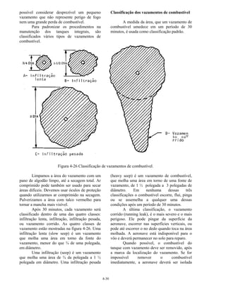 4-30
possível considerar desprezível um pequeno
vazamento que não represente perigo de fogo
nem uma grande perda de combustível.
Para padronizar os procedimentos na
manutenção dos tanques integrais, são
classificados vários tipos de vazamentos de
combustível.
Classificação dos vazamentos de combustível
A medida da área, que um vazamento de
combustível umedece em um período de 30
minutos, é usada como classificação padrão.
Figura 4-26 Classificação de vazamentos de combustível.
Limpamos a área do vazamento com um
pano de algodão limpo, até a secagem total. Ar
comprimido pode também ser usado para secar
áreas difíceis. Devemos usar óculos de proteção
quando utilizarmos ar comprimido na secagem.
Pulverizamos a área com talco vermelho para
tornar a mancha mais visível.
Após 30 minutos, cada vazamento será
classificado dentro de uma das quatro classes:
infiltração lenta, infiltração, infiltração pesada,
ou vazamento corrido. As quatro classes de
vazamento estão mostradas na figura 4-26. Uma
infiltração lenta (slow seep) é um vazamento
que molha uma área em torno da fonte do
vazamento, menor do que ¾ de uma polegada,
em diâmetro.
Uma infiltração (seep) é um vazamento
que molha uma área de ¾ da polegada a 1 ½
polegada em diâmetro. Uma infiltração pesada
(heavy seep) é um vazamento de combustível,
que molha uma área em torno de uma fonte de
vazamento, de 1 ½ polegada a 3 polegadas de
diâmetro. Em nenhuma dessas três
classificações o combustível escorre, flui, pinga
ou se assemelha a qualquer uma dessas
condições após um período de 30 minutos.
A última classificação, o vazamento
corrido (running leak), é o mais severo e o mais
perigoso. Ele pode pingar da superfície da
aeronave, escorrer nas superfícies verticais, ou
pode até escorrer o no dedo quando toca na área
molhada. A aeronave está indisponível para o
vôo e deverá permanecer no solo para reparo.
Quando possível, o combustível do
tanque com vazamento deve ser removido, após
a marca da localização do vazamento. Se for
impossível remover o combustível
imediatamente, a aeronave deverá ser isolada
 