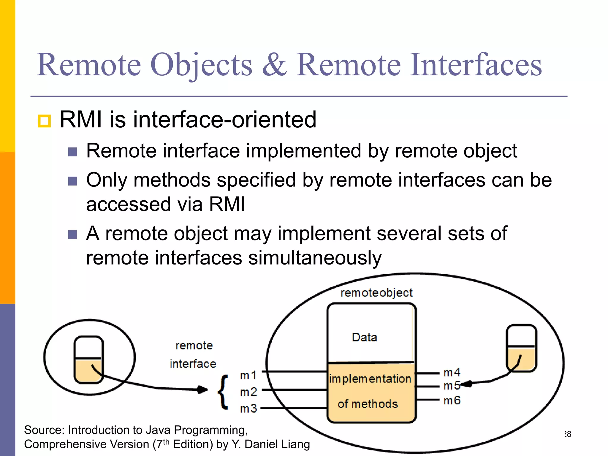 Remote Objects & Remote Interfaces  RMI is interface-oriented  Remote interface implemented by remote object  Only methods specified by remote interfaces can be accessed via RMI  A remote object may implement several sets of remote interfaces simultaneously 28Source: Introduction to Java Programming, Comprehensive Version (7th Edition) by Y. Daniel Liang 