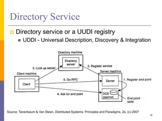 Directory Service
 Directory service or a UUDI registry
 UDDI - Universal Description, Discovery & Integration
18
Source: Tanenbaum & Van Steen, Distributed Systems: Principles and Paradigms, 2e, (c) 2007
 
