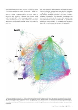 02. TWITTER Y POLITICA            15/2/11        13:08       Página 5




        ticos o líderes más referenciados, usuarios que menciona o que                             Sirva como ejemplo los tweets que hemos recogido en las pasadas
        le mencionan, dispositivos usados para acceder a Twitter, etc.                             elecciones catalanas1 donde se puede observar cómo los usuarios
                                                                                                   se agrupan por afinidad política a la hora de retransmitir informa-
        Pero aún hay más, la información que circula por Twitter no                                ción. Los nodos de la figura representan a los usuarios que realiza-
        es caótica, tiene estructura. Cuando se mide cómo se propa-                                ron algún RT, cada enlace entre dos nodos corresponde a una
        ga la información (RT) o cómo se dialoga (reply) se encuentra                              retransmisión de un tweet desde un nodo a otro y cada color es un
        que la información fluye por comunidades de usuarios que                                   nodo perteneciente a una comunidad obtenida con algoritmos de
        tienen entre ellos unos vínculos más fuertes que con el resto                              búsqueda de grupos en grafos2 . Se han seleccionado las comuni-
        de la red.                                                                                 dades más grandes para dar más claridad a la visualización.




        1
         El dataset consta de 84.397 tweets del 10 de noviembre a las 17:30 hasta las cero horas del 28 de noviembre. Se han capturado los tweets que contenían las palabras:
        28N, presidentmontilla, eleccions, eleccions10, eleccions2010, CiU, PPCatalunya, esquerra, ERC,ICV, icveuia, PSC, socialistes, cativistes, debatoliva, eleccionscat, solidaritat-
        catalana, programaPSC, socialistes_cat, Solucions, , populars, Artur Mas, Montilla, Puigcercós, puigcercos2010, Joan Herrera, Sánchez Camacho,Sánchez-Camacho, Albert
        Rivera, albert_rivera. Dado que PSC y CIU son términos usados en otros países de los 103.491 tweets iniciales recogidos se descartaron 19.094 por no estar en catalán o
        en castellano

                                                                                                                                 Twitter y política: Información, opinión y ¿Predicción? 13
 