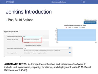 Jenkins Introduction
• Pos-Build Actions
27/11/2020 Continuous Delivery 11
AUTOMATE TESTS: Automate the verification and validation of software to
include unit, component, capacity, functional, and deployment tests (P. M. Duvall
DZone refcard #145).
 