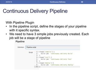 Continuous Delivery Pipeline
With Pipeline Plugin
• In the pipeline script, define the stages of your pipeline
with it specific syntax.
• We need to have 3 simple jobs previously created. Each
job will be a stage of pipeline
28/09/16 Continuous Delivery 30
 
