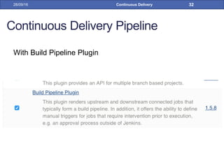 Continuous Delivery Pipeline
With Build Pipeline Plugin
28/09/16 Continuous Delivery 32
 