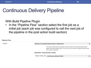 Continuous Delivery Pipeline
With Build Pipeline Plugin
• In the “Pipeline Flow” section select the first job as a
initial job (each job was configured to call the next job of
the pipeline in the post action build section)
28/09/16 Continuous Delivery 34
 