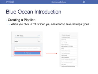 Blue Ocean Introduction
• Creating a Pipeline
• When you click in “plus” icon you can choose several steps types
27/11/2020 Continuous Delivery 51
 